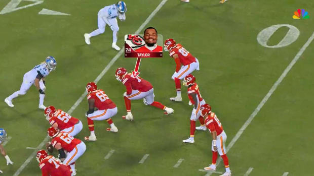 Chiefs offensive tackle Jawaan Taylor receives a false start penalty in a game vs. the Lions.
